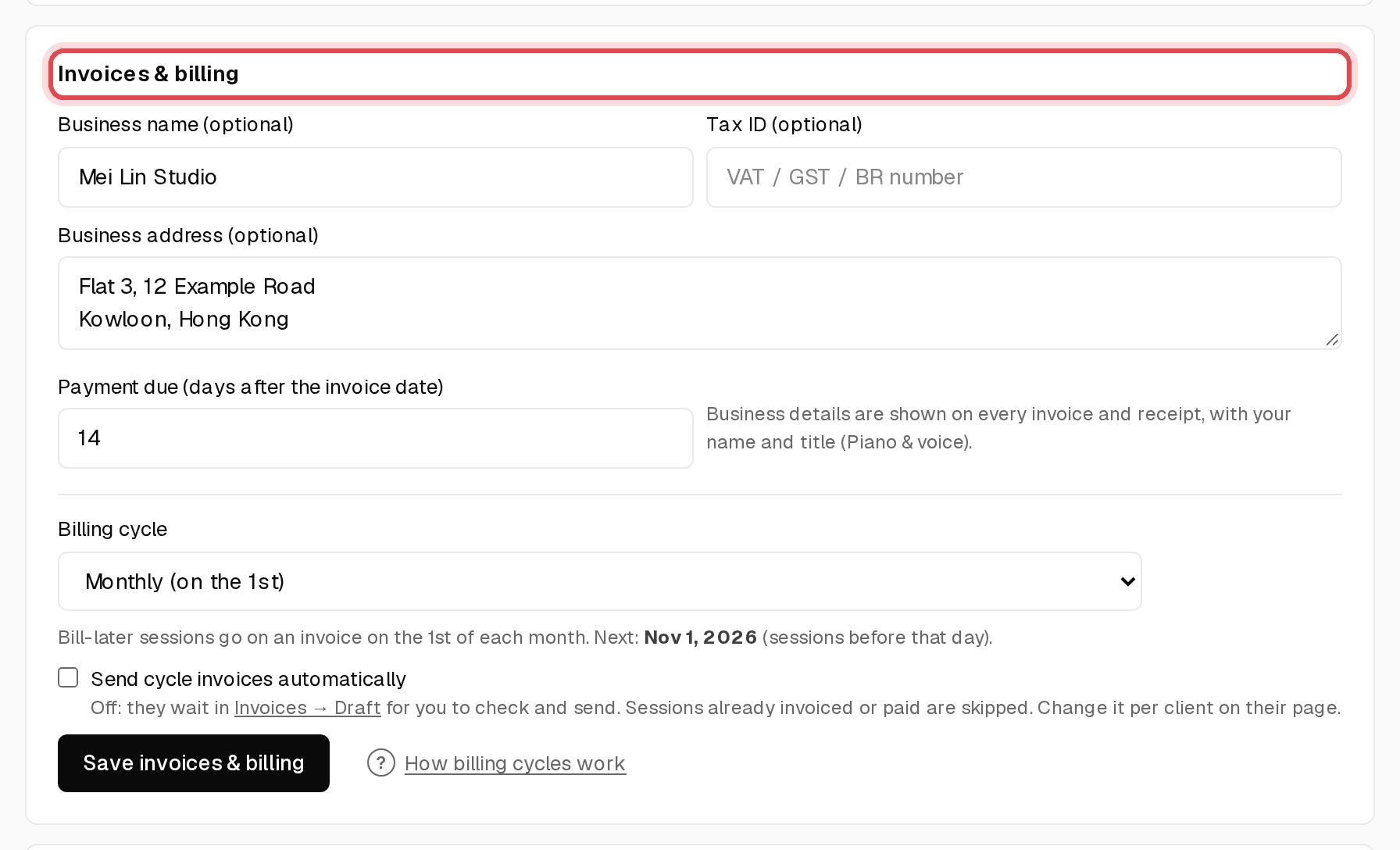 Invoices and billing card on the Overview