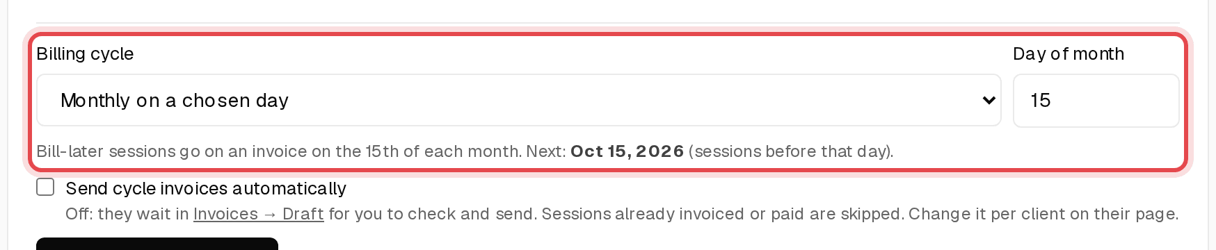 Billing cycle set to monthly on the 15th, with the next billing date