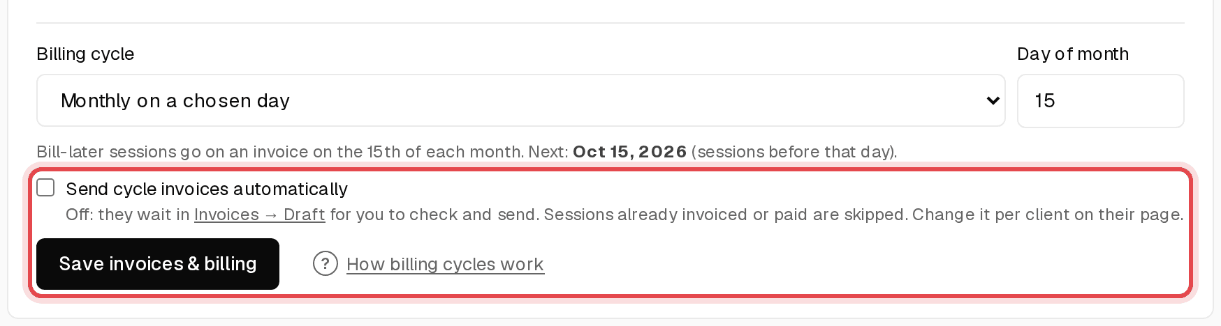 Send cycle invoices automatically checkbox and the save button