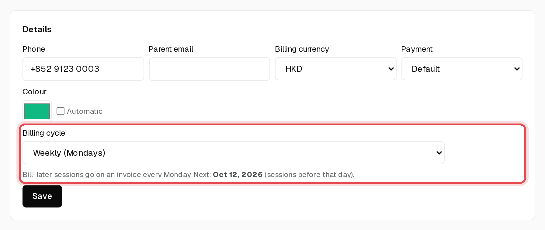 Billing cycle field on a client's page