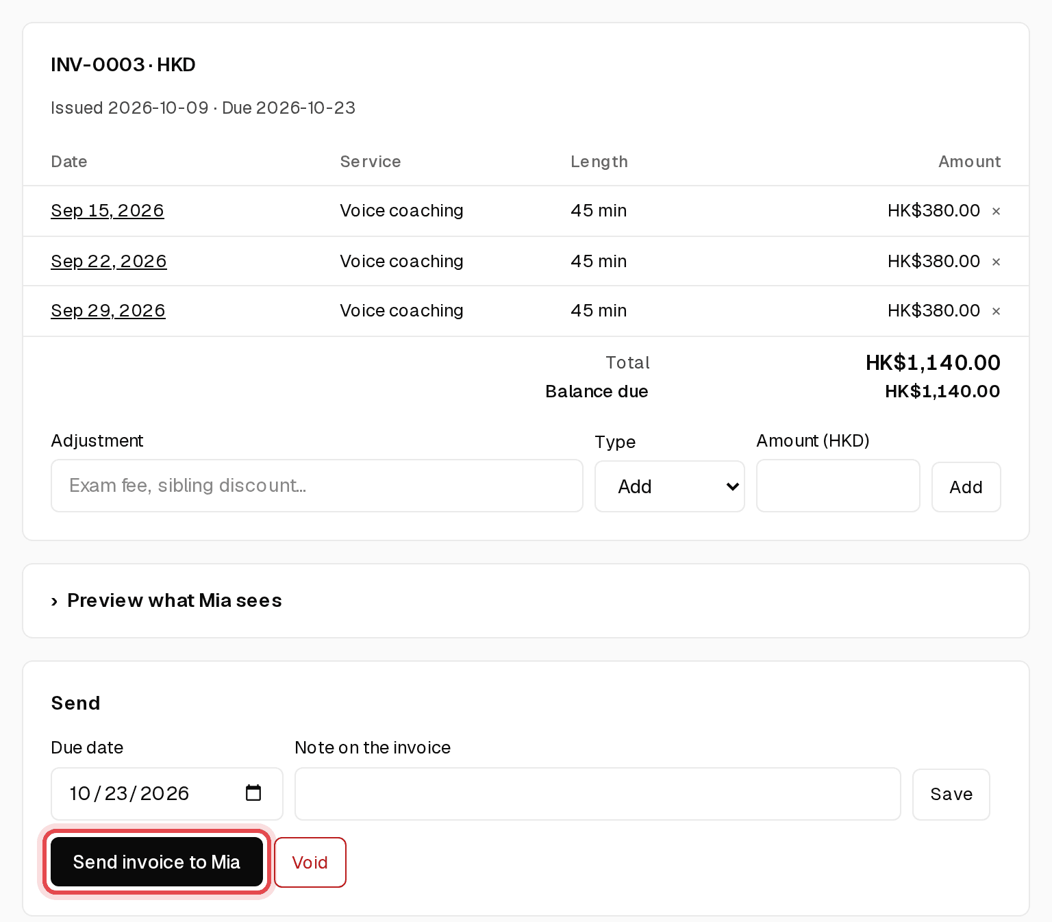 Draft invoice with the Send invoice button highlighted