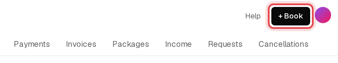 Dashboard header with the + Book button highlighted