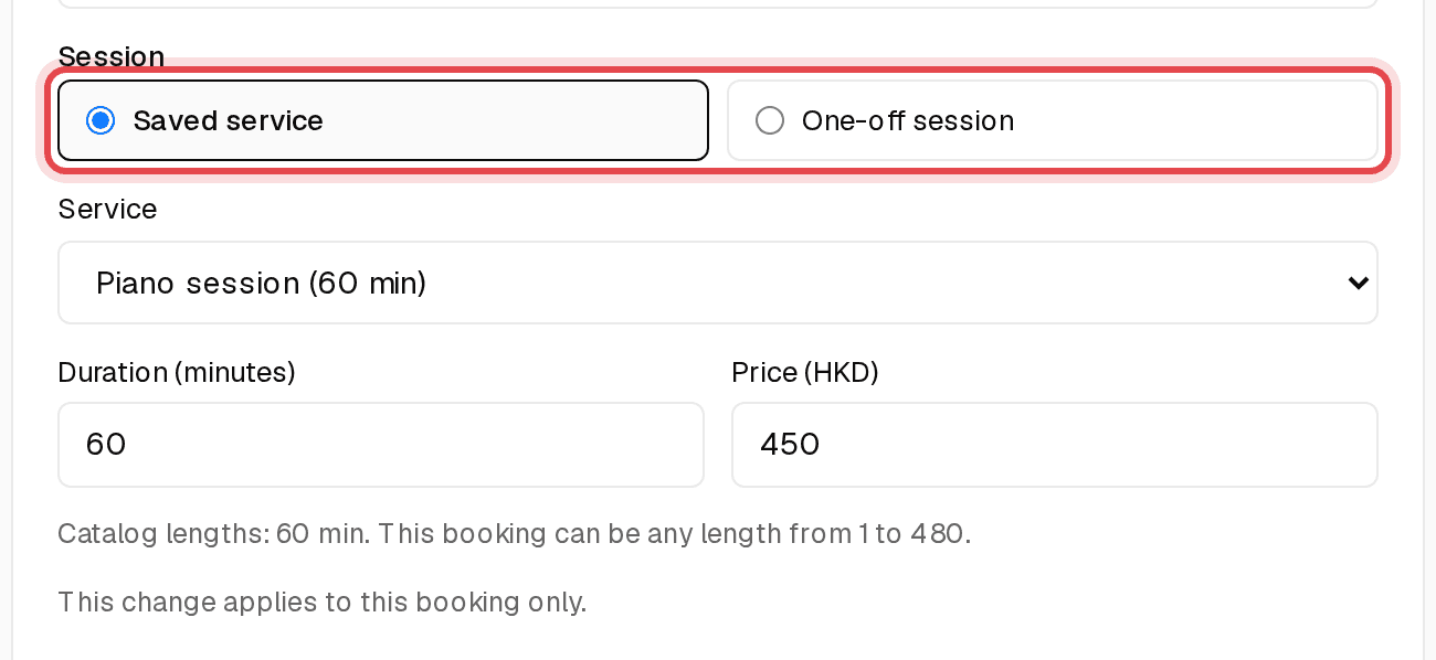 Session section with Saved service and One-off session choices