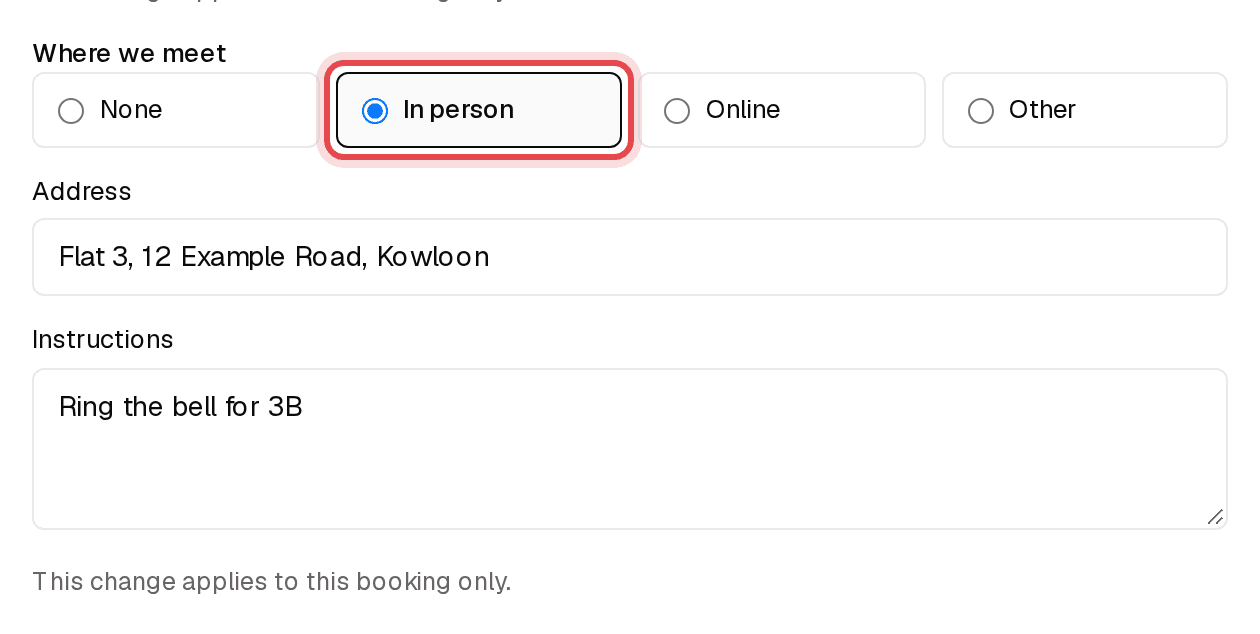 Where we meet choices with In person selected and an address filled in