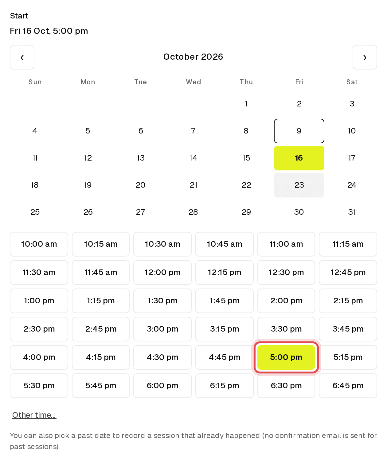 Start date calendar and time buttons with a time picked