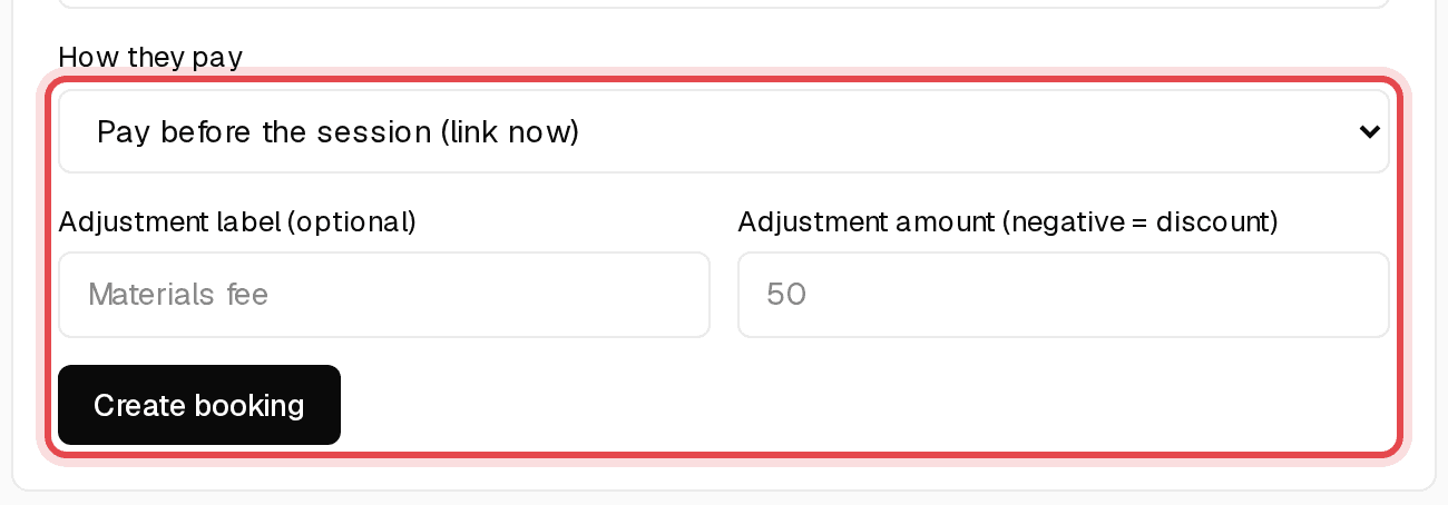 How they pay field and the Create booking button