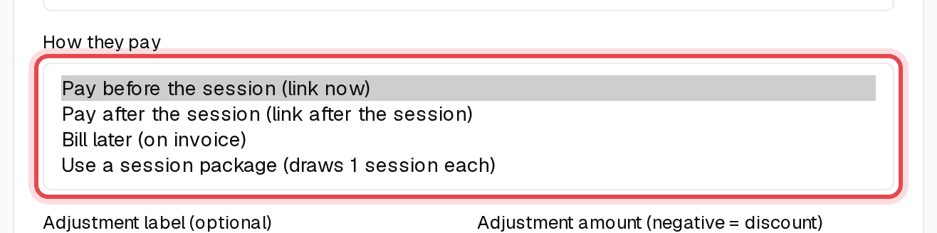 How they pay options on the booking form