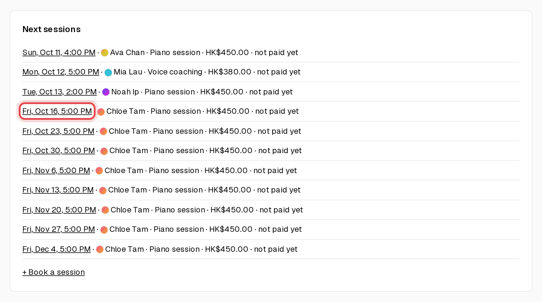 Next sessions list with a booking date highlighted