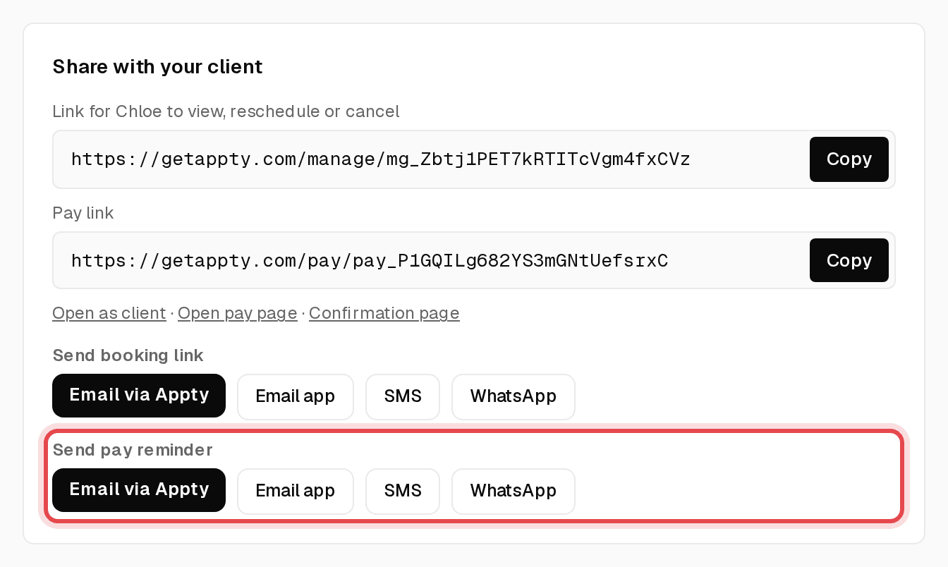 Share with your client card with the pay link and Send pay reminder buttons