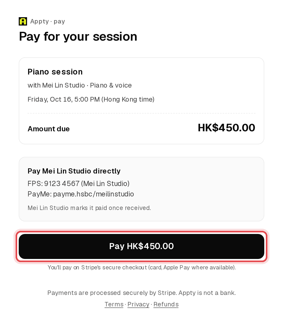 Pay page with the session amount and Pay button