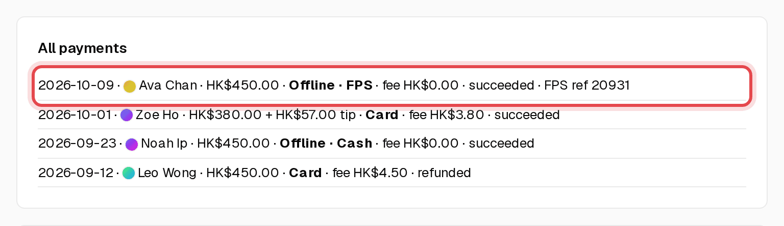 Payments list showing an offline FPS payment