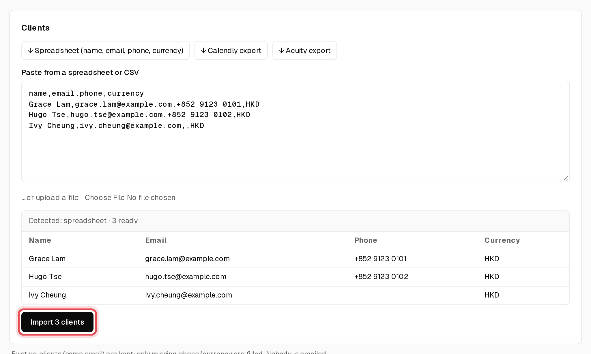 Clients import box with a preview of the rows