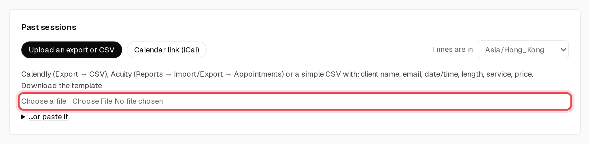 Past sessions section with the file upload and calendar link tabs