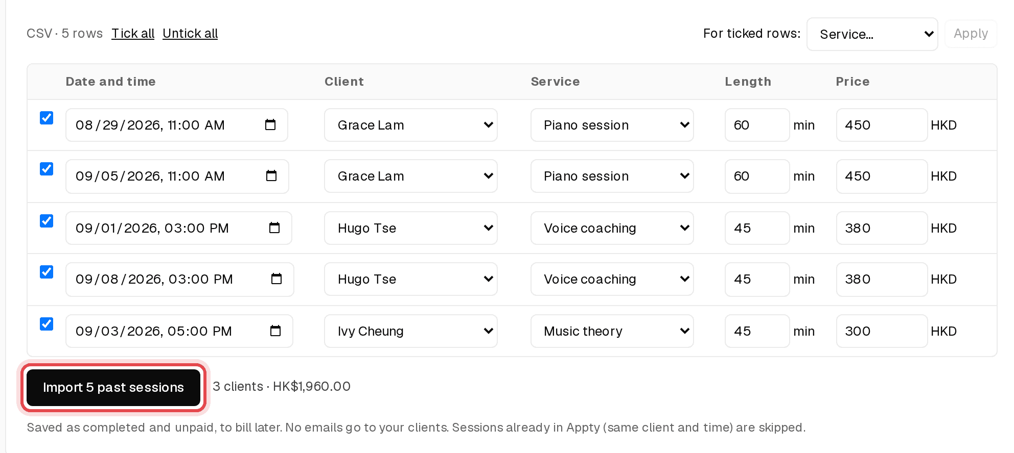 Review table of past sessions with clients and services matched