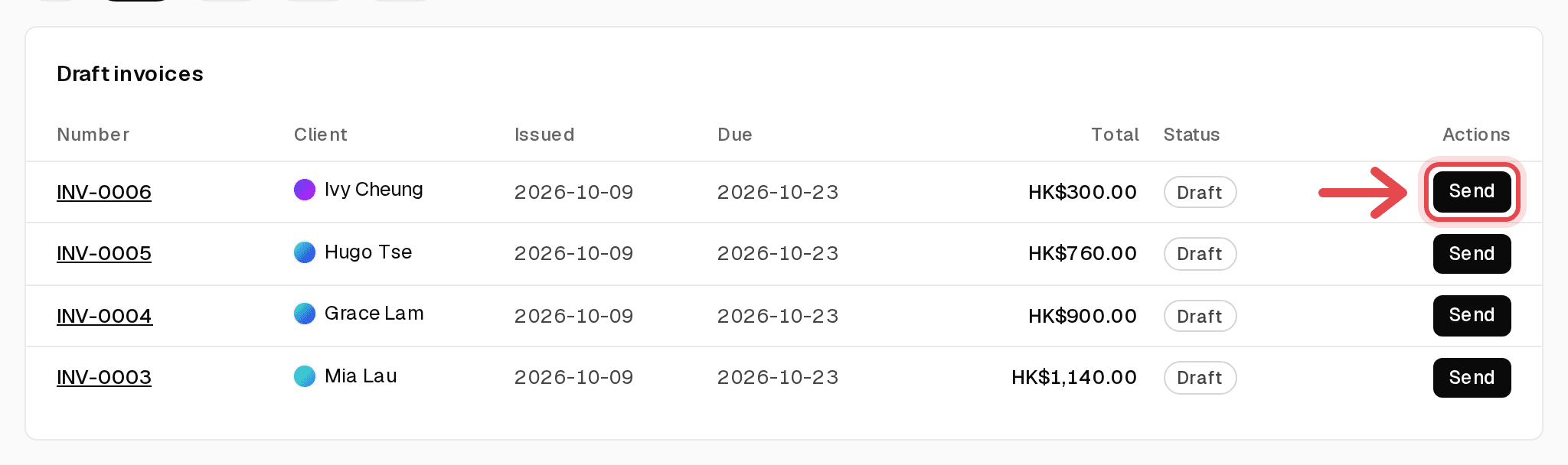 Draft invoices list with Send buttons