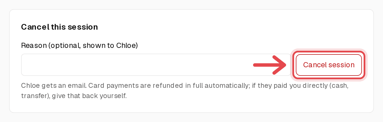 Cancel this session card with the Cancel session button highlighted