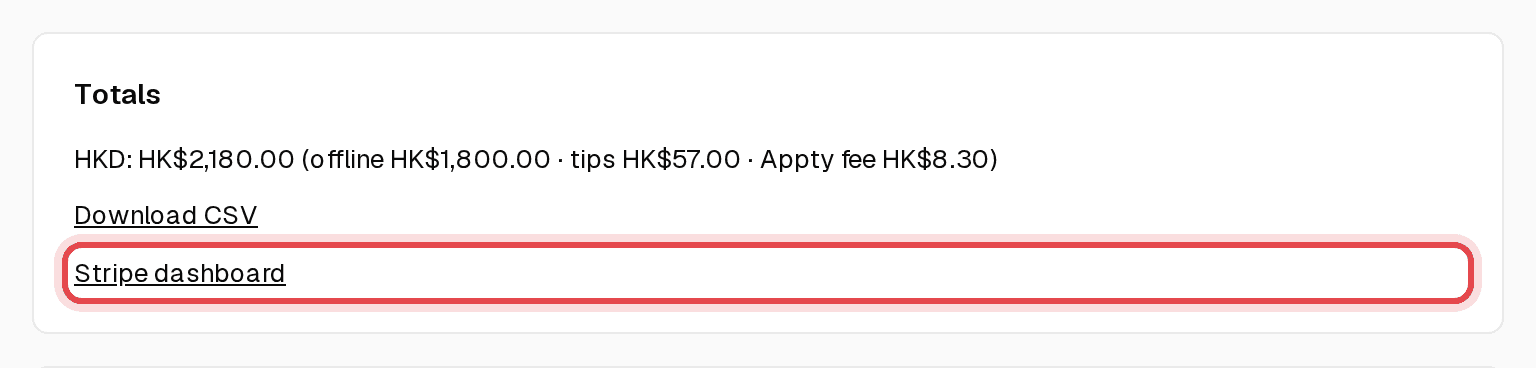 Totals card on Payments with the Stripe dashboard link highlighted