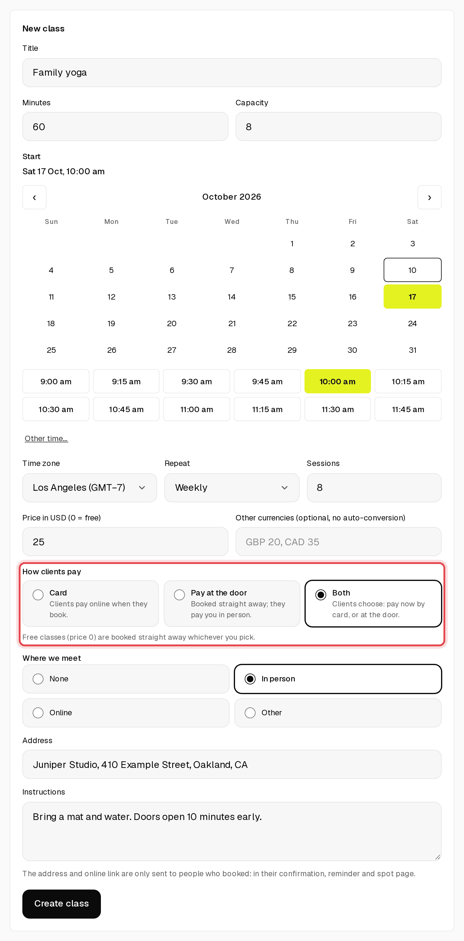 New class form with a weekly class, 8 spots, a price and How clients pay set to Both