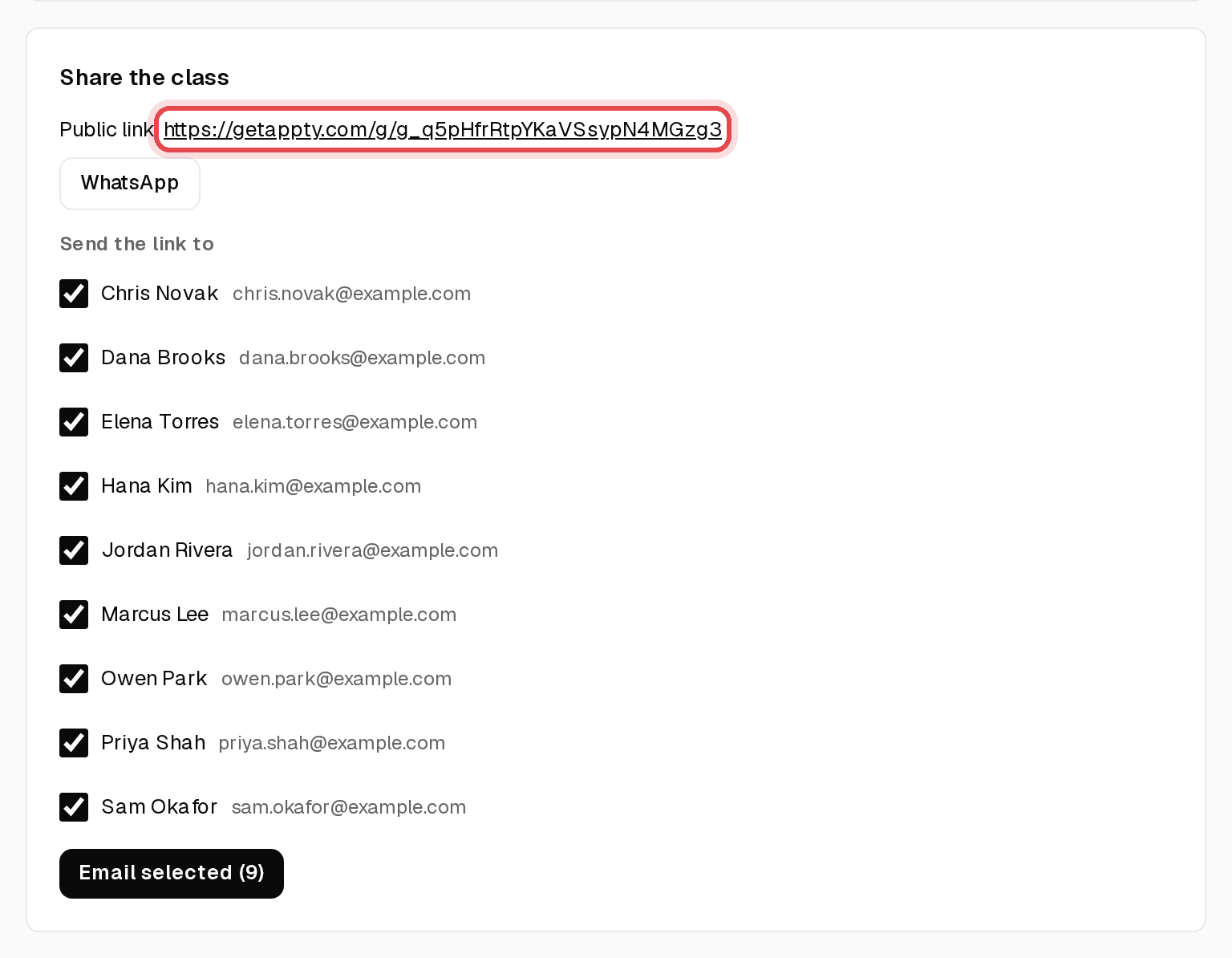 Share the class card with the public link highlighted