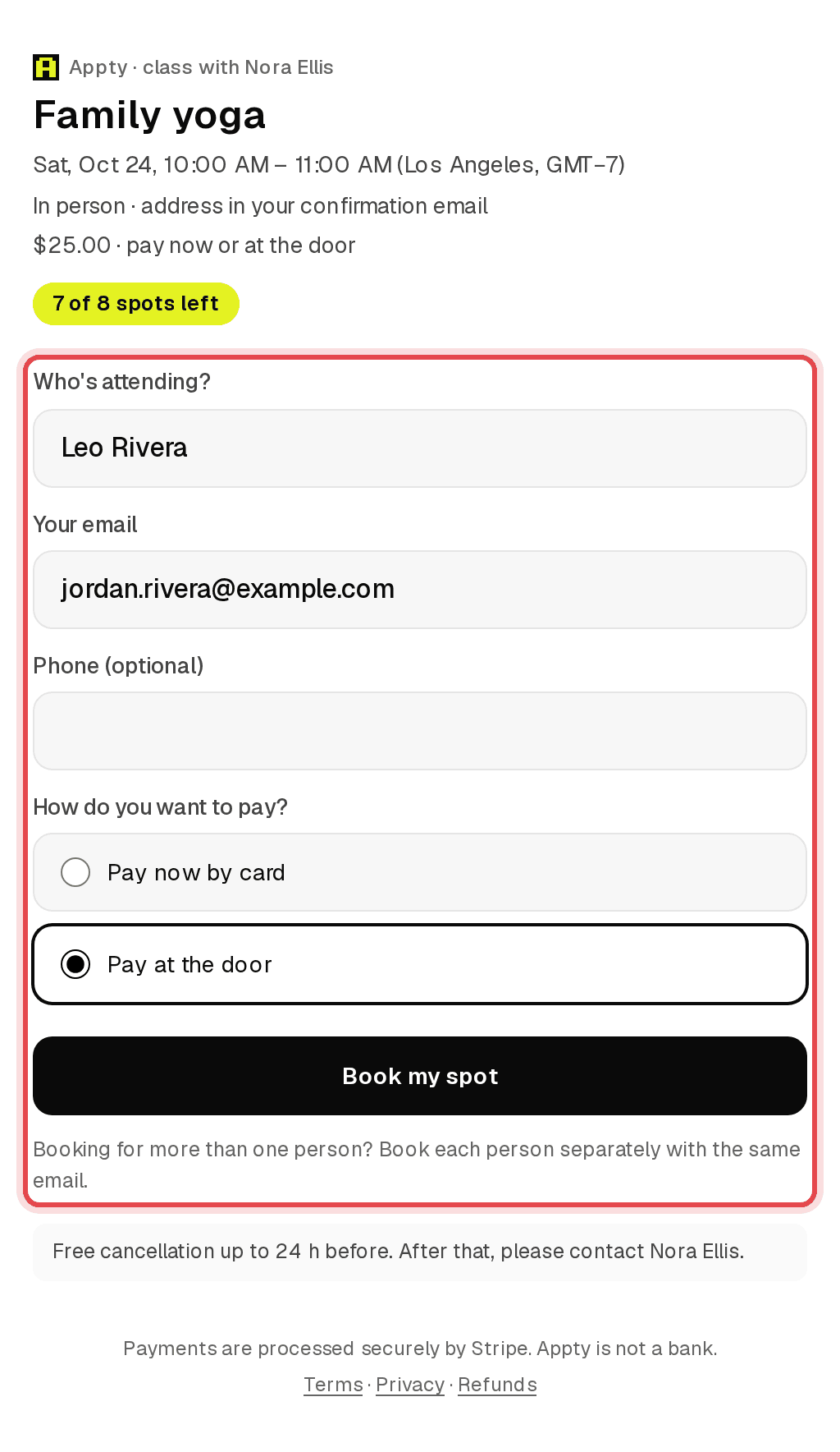 Public class page with a child's name, a parent's email and Pay at venue selected