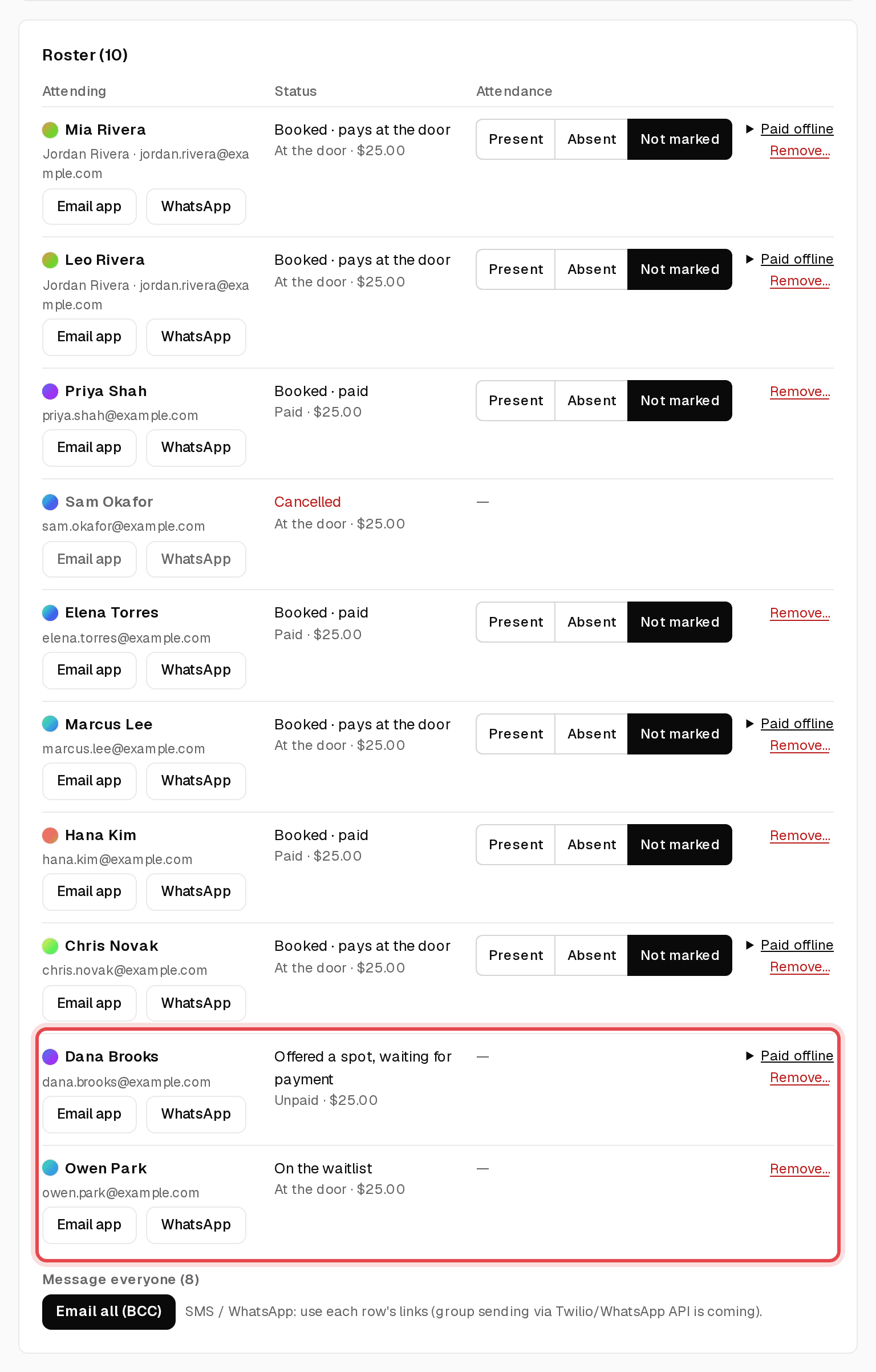 Roster with one person offered a spot and one person on the waitlist highlighted