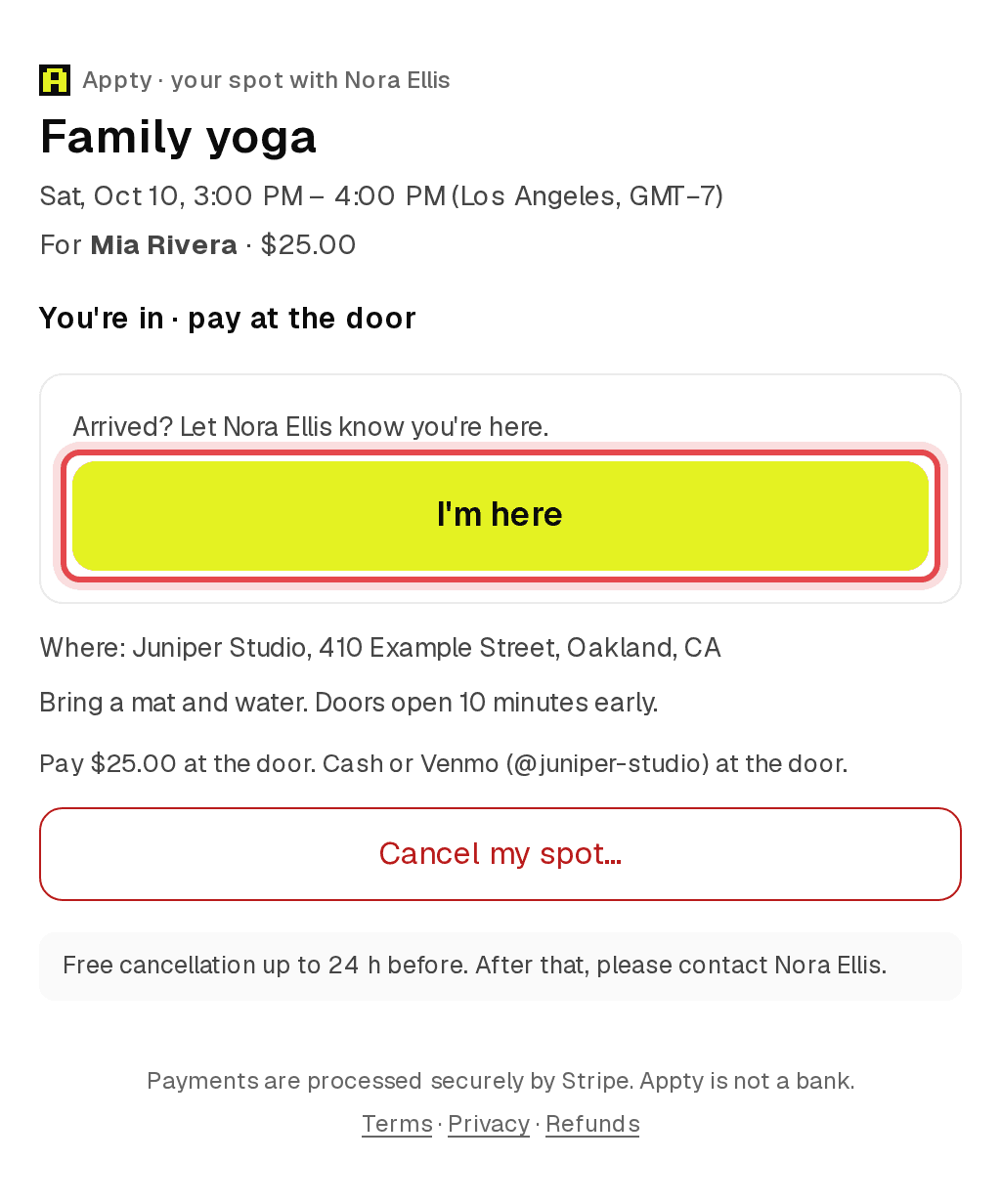 Client spot page showing You're in, pay at the venue, and the I'm here button