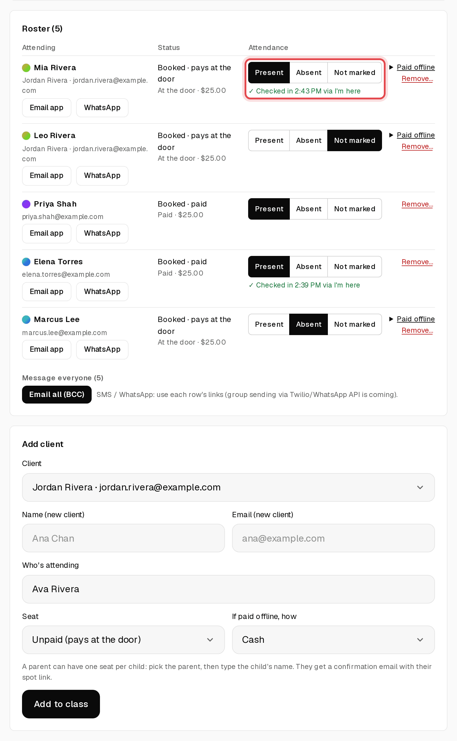 Roster with Present, Absent and Not marked buttons and a check-in, above the Add client form