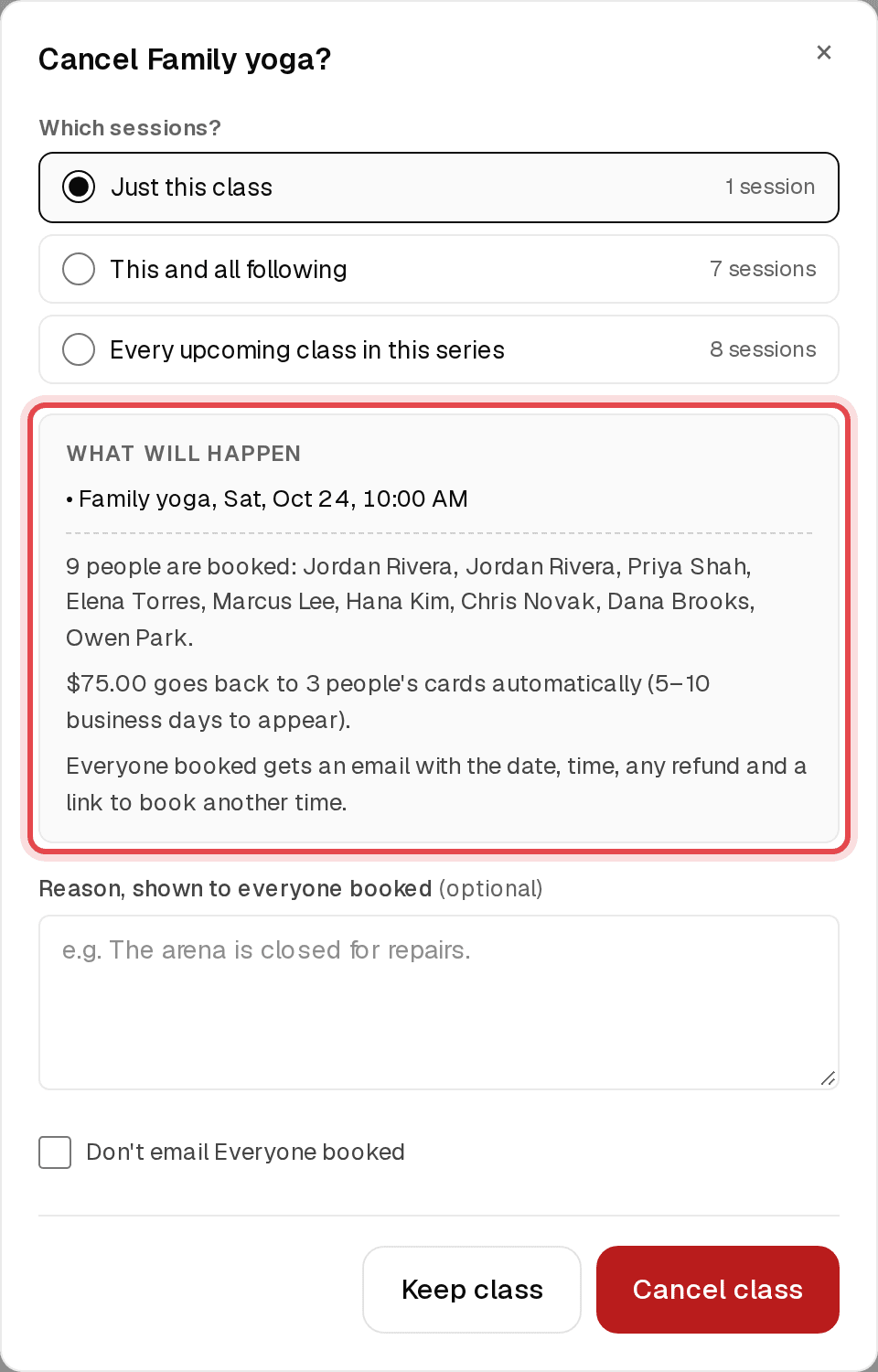 Cancel class window showing who is booked and the card refunds that will go out