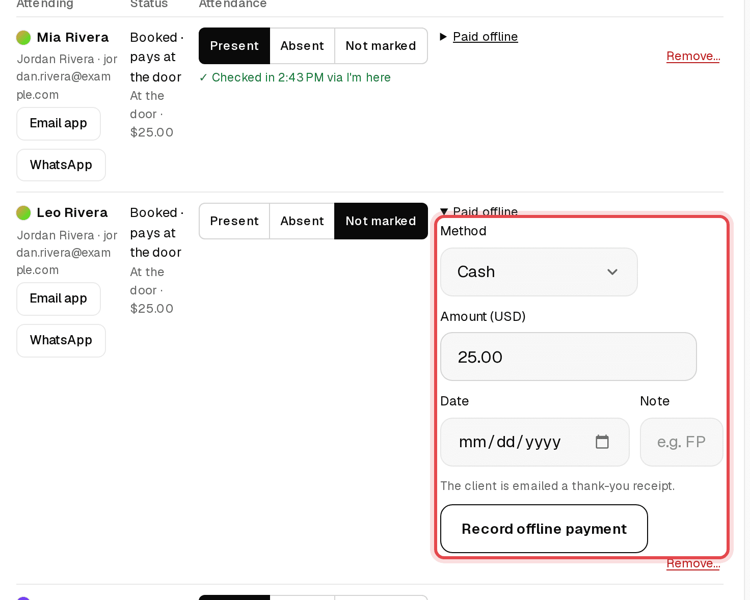 Paid offline form open on a roster row with Cash and the amount filled in