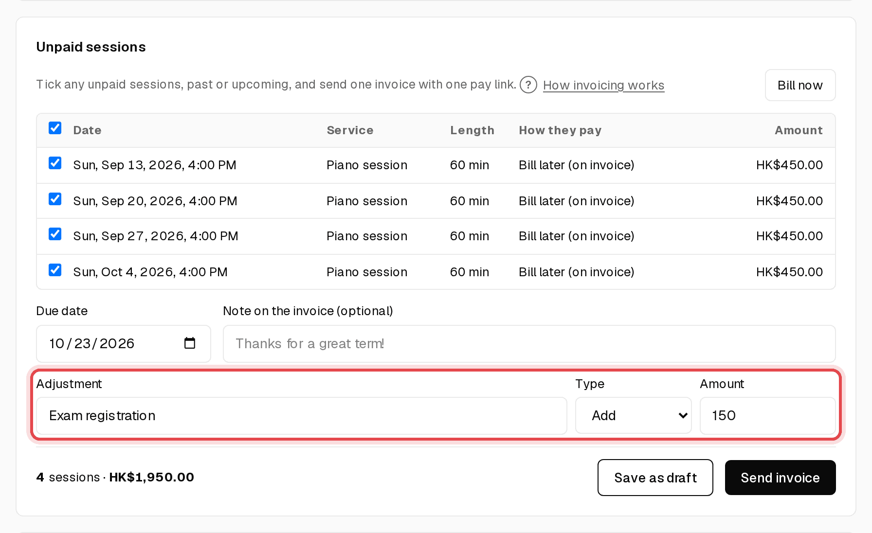 Adjustment fields with an exam fee added