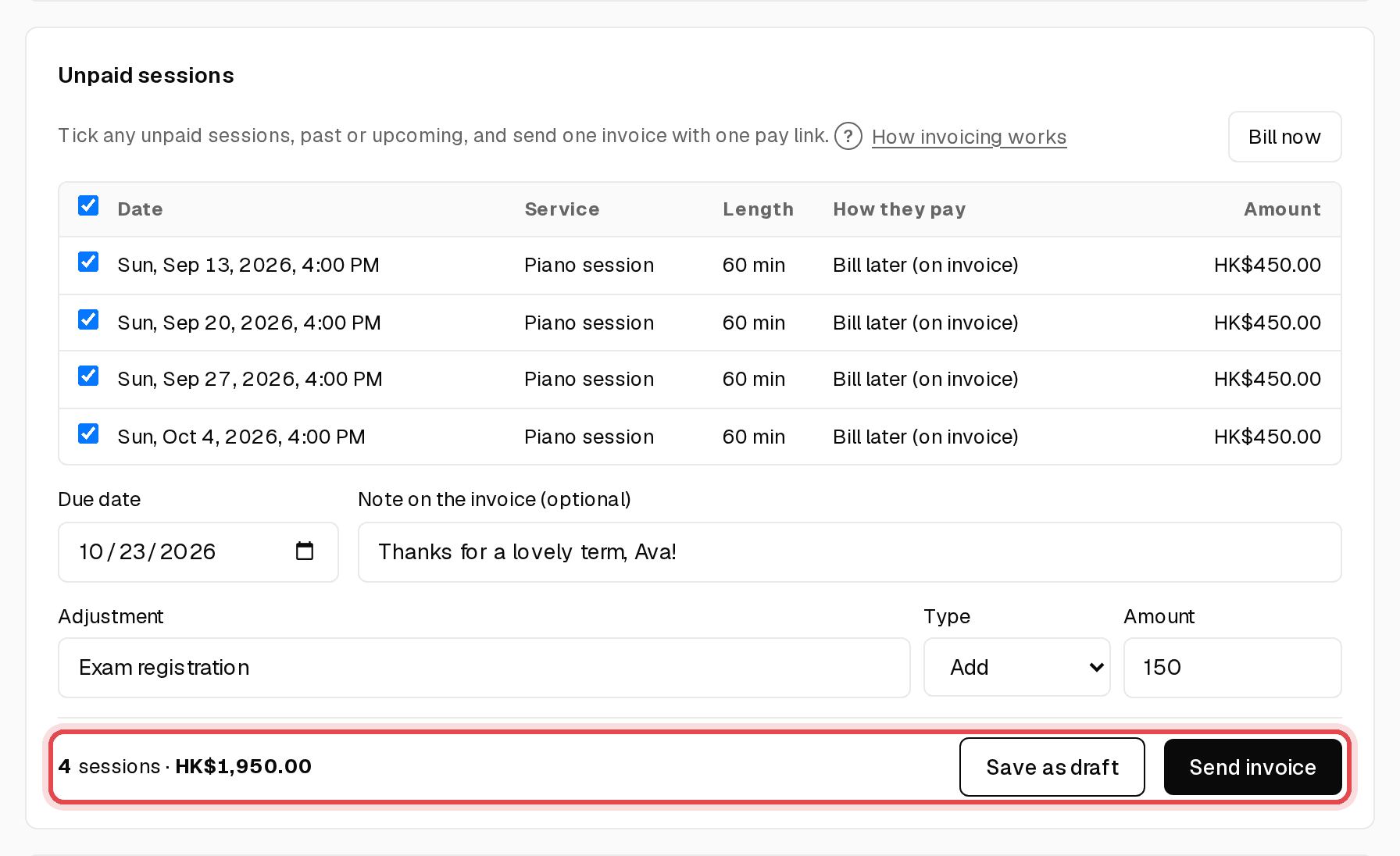 Session total with the Send invoice button highlighted