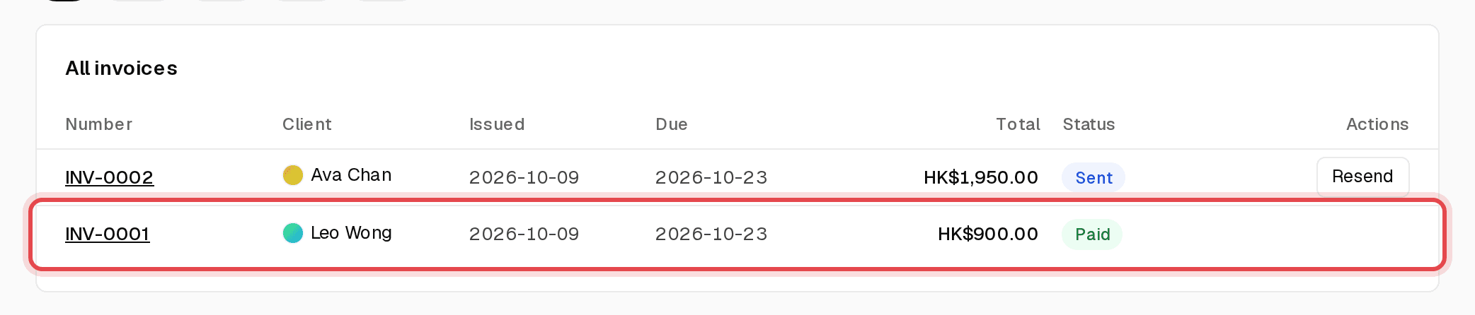 Invoices list with a Paid invoice highlighted