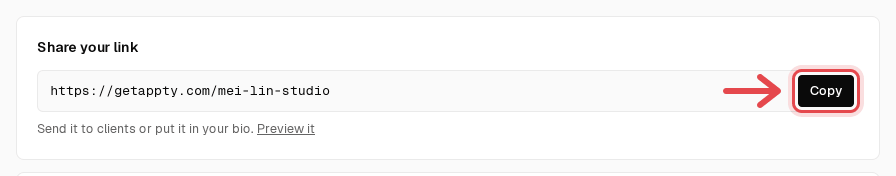 Your appty link strip at the top of Overview with the Copy button highlighted