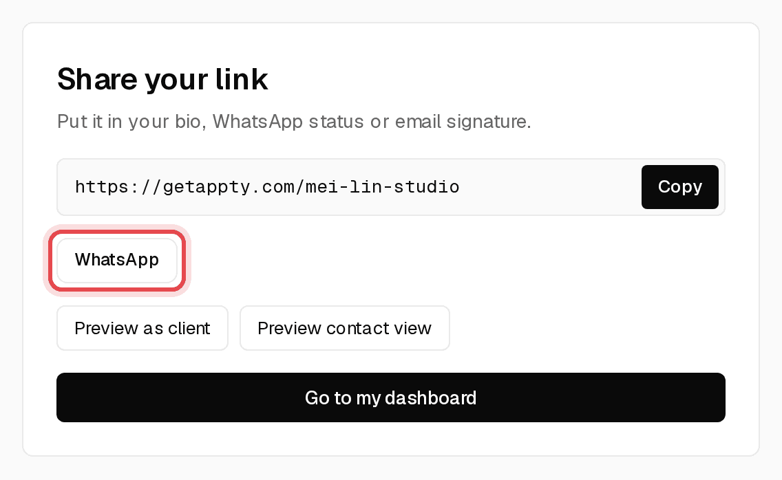 Share your link step with the WhatsApp button highlighted