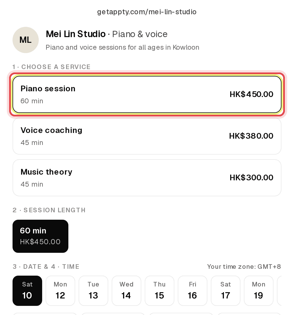 Public booking page with services and available days