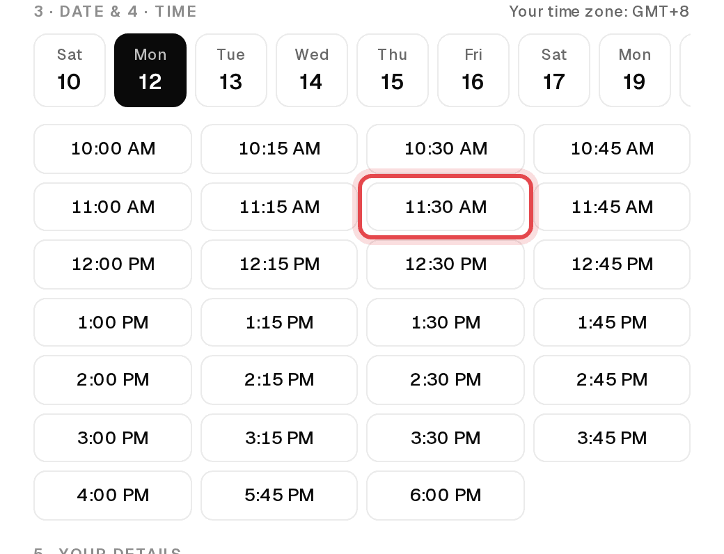 Available start times on the booking page with one time highlighted