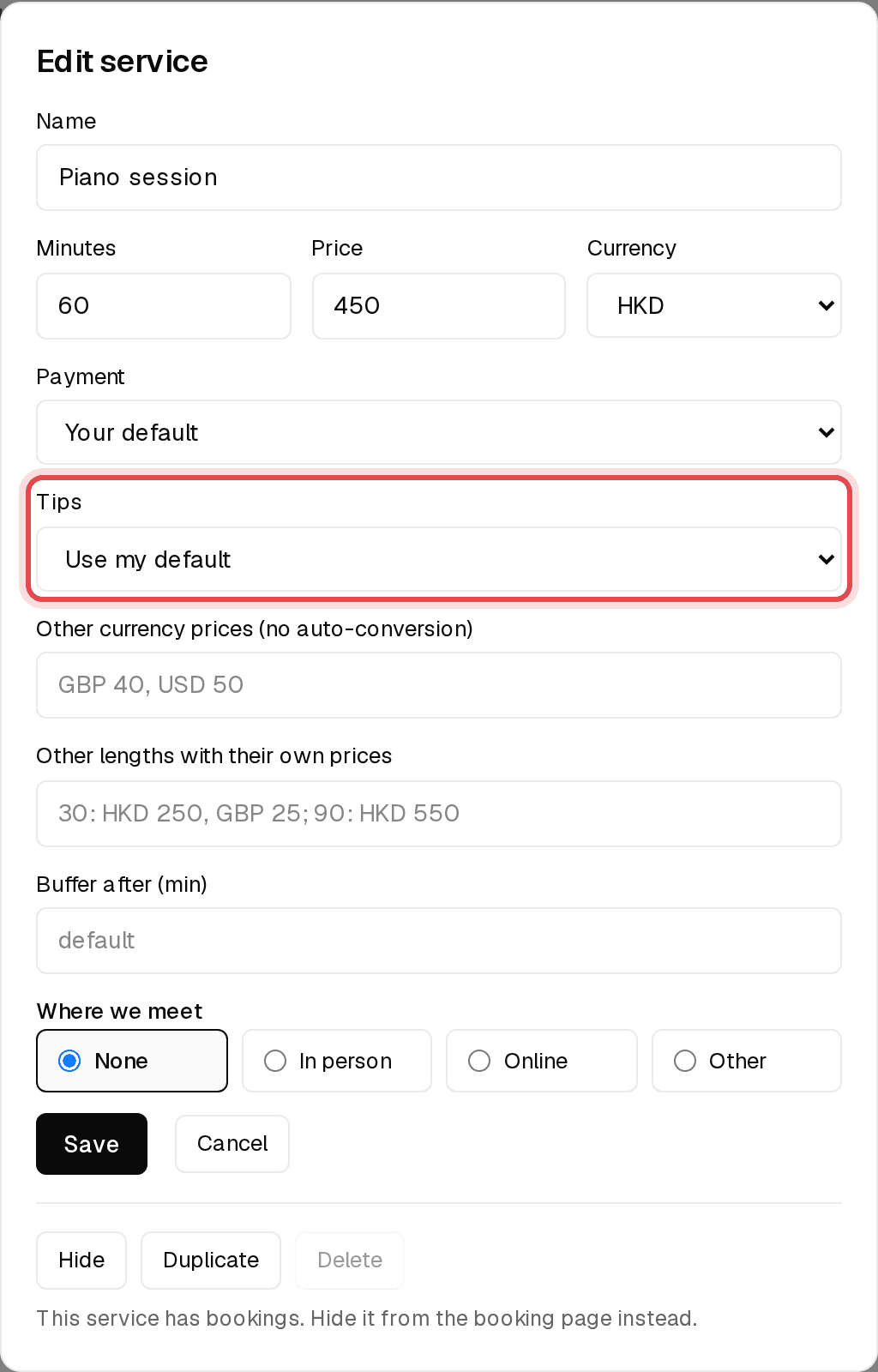 Edit service window with the Tips field highlighted