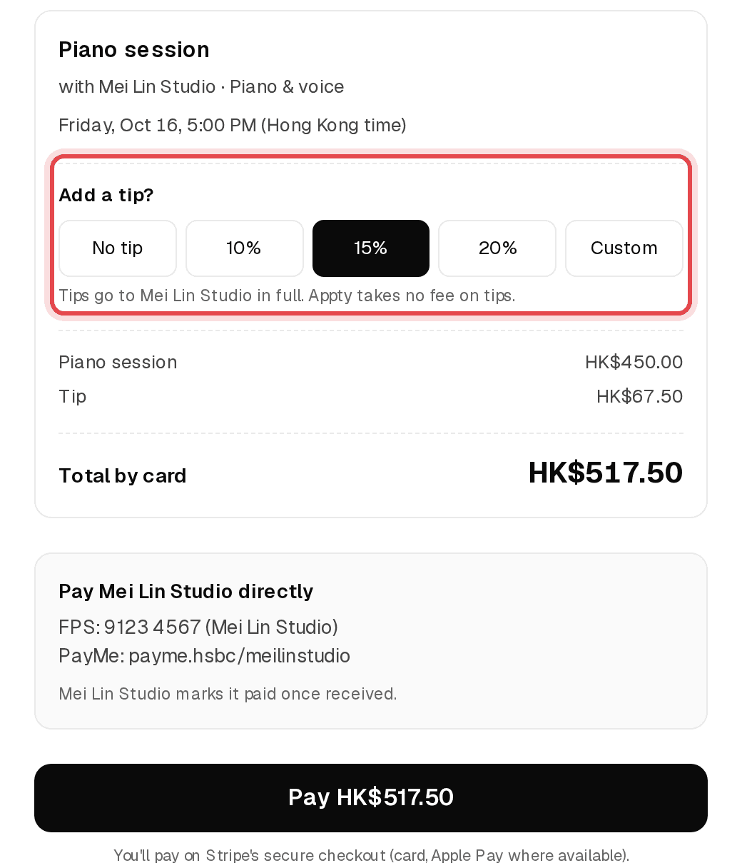 Pay page with the Add a tip choices