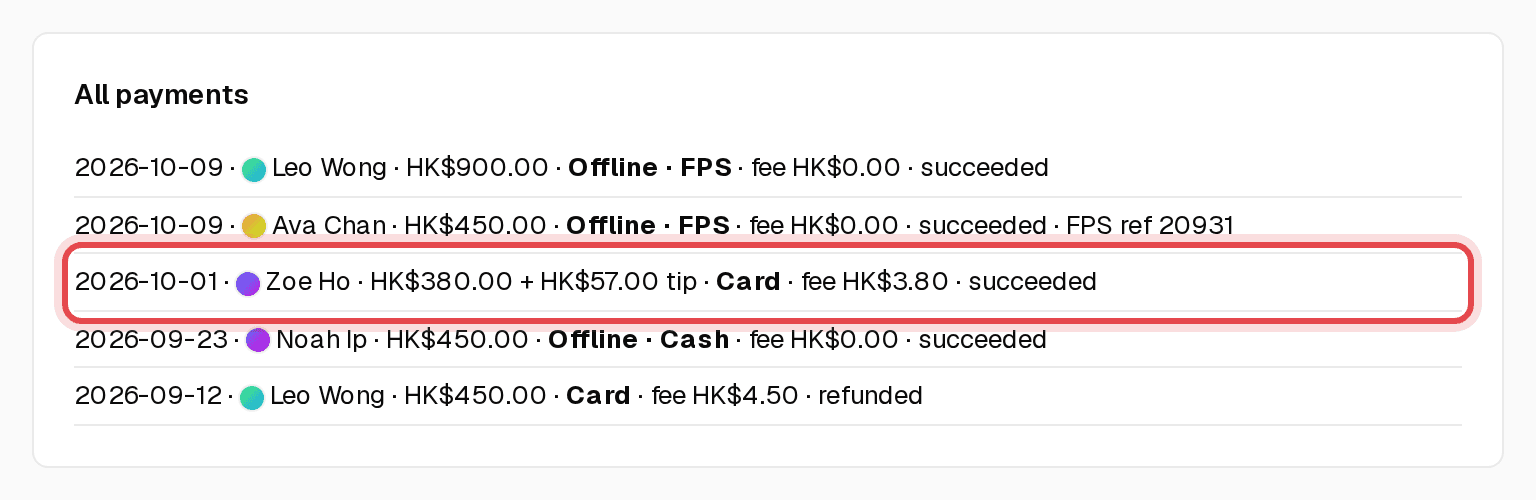 Payments list with a tip shown next to a payment