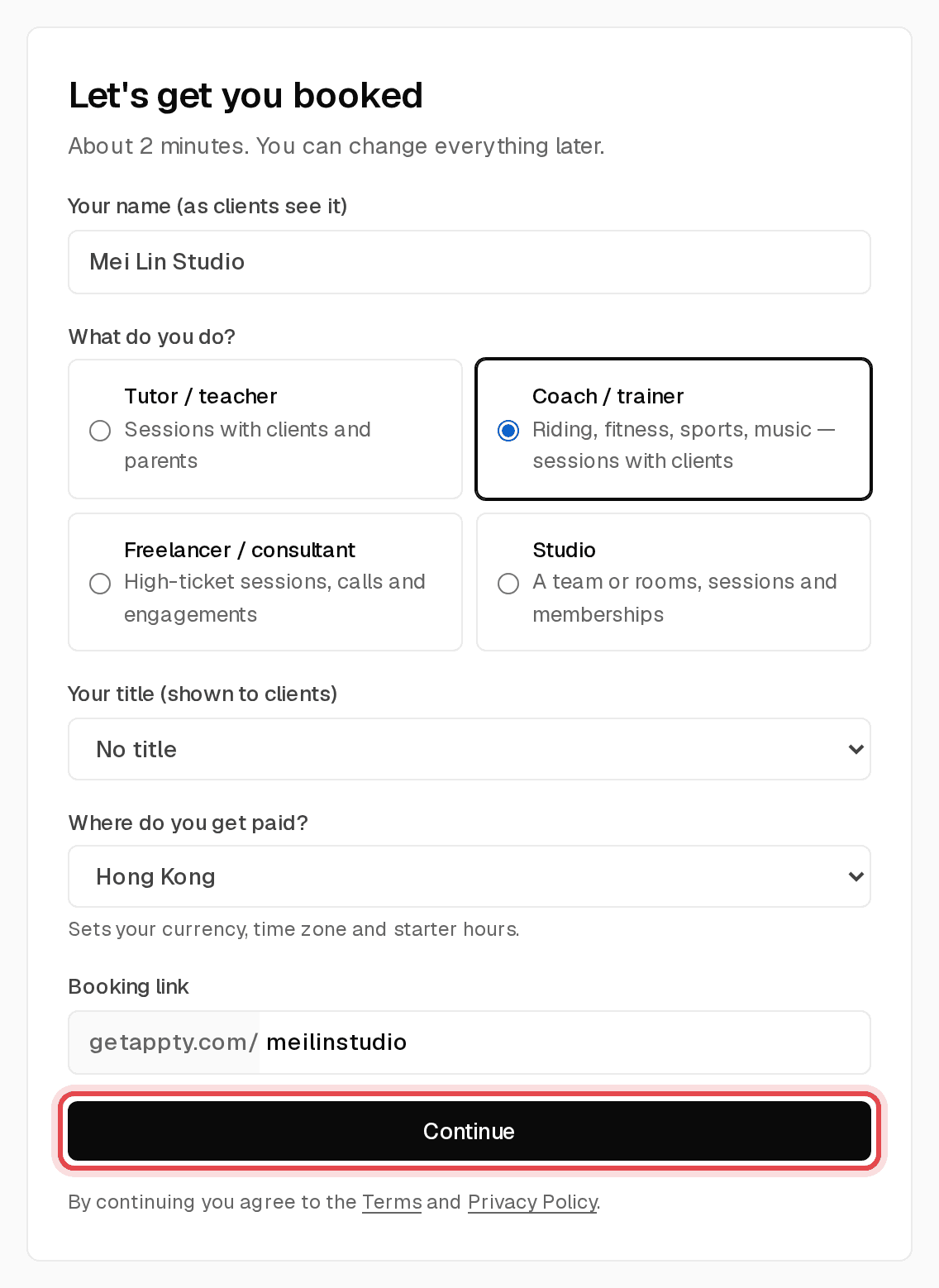 Setup step one with name, type of work, country and booking link fields