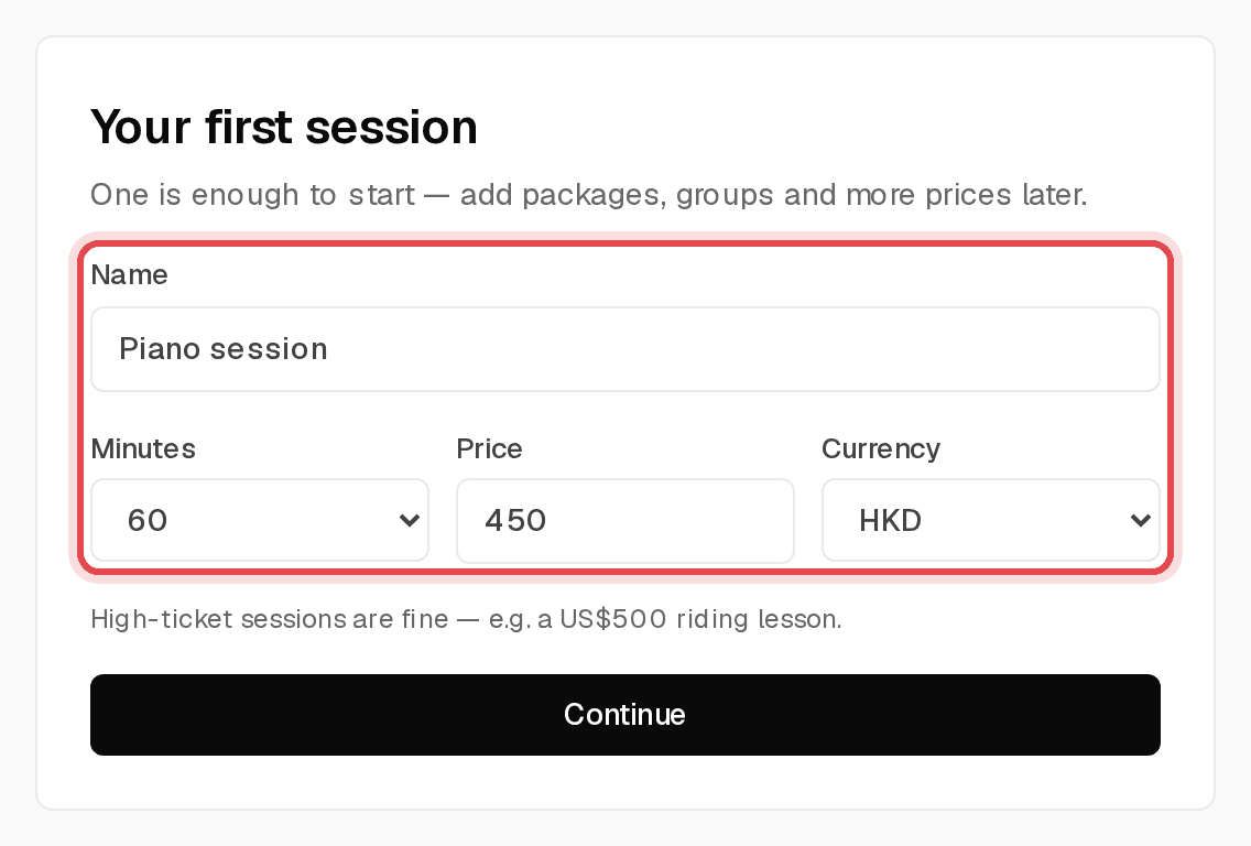 Setup step two with name, minutes, price and currency for the first service
