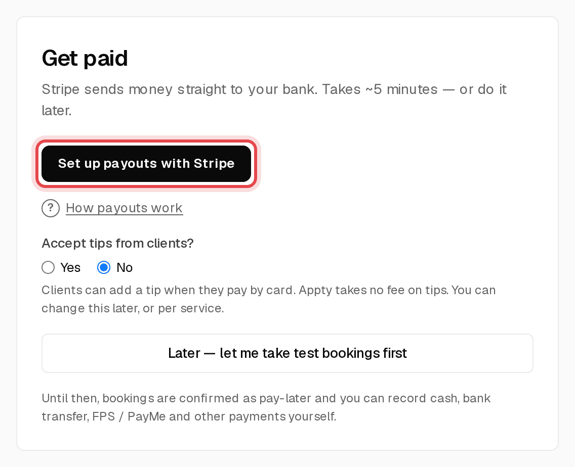 Get paid step with the Set up payouts with Stripe button highlighted