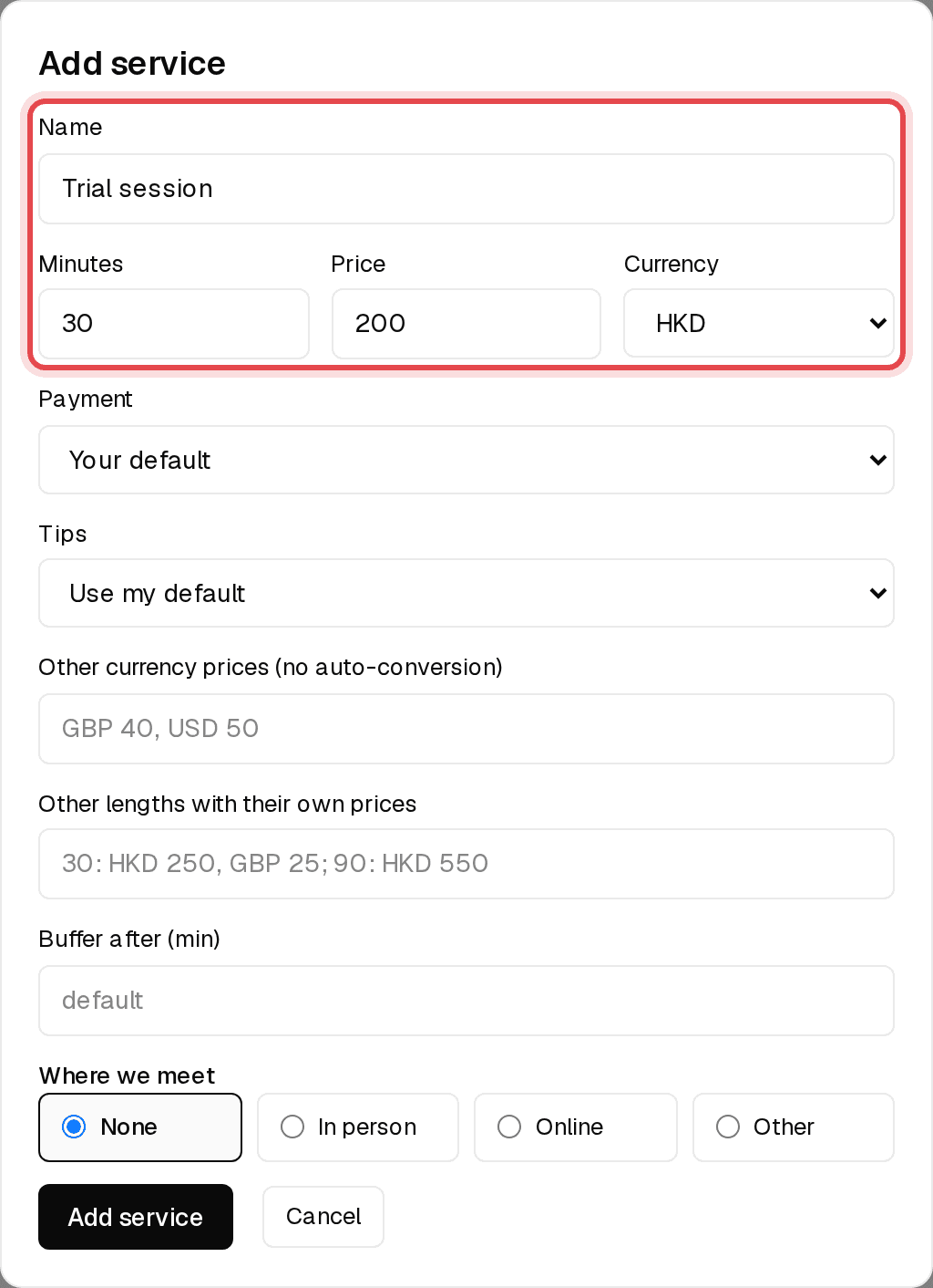 Add service window on the Services page